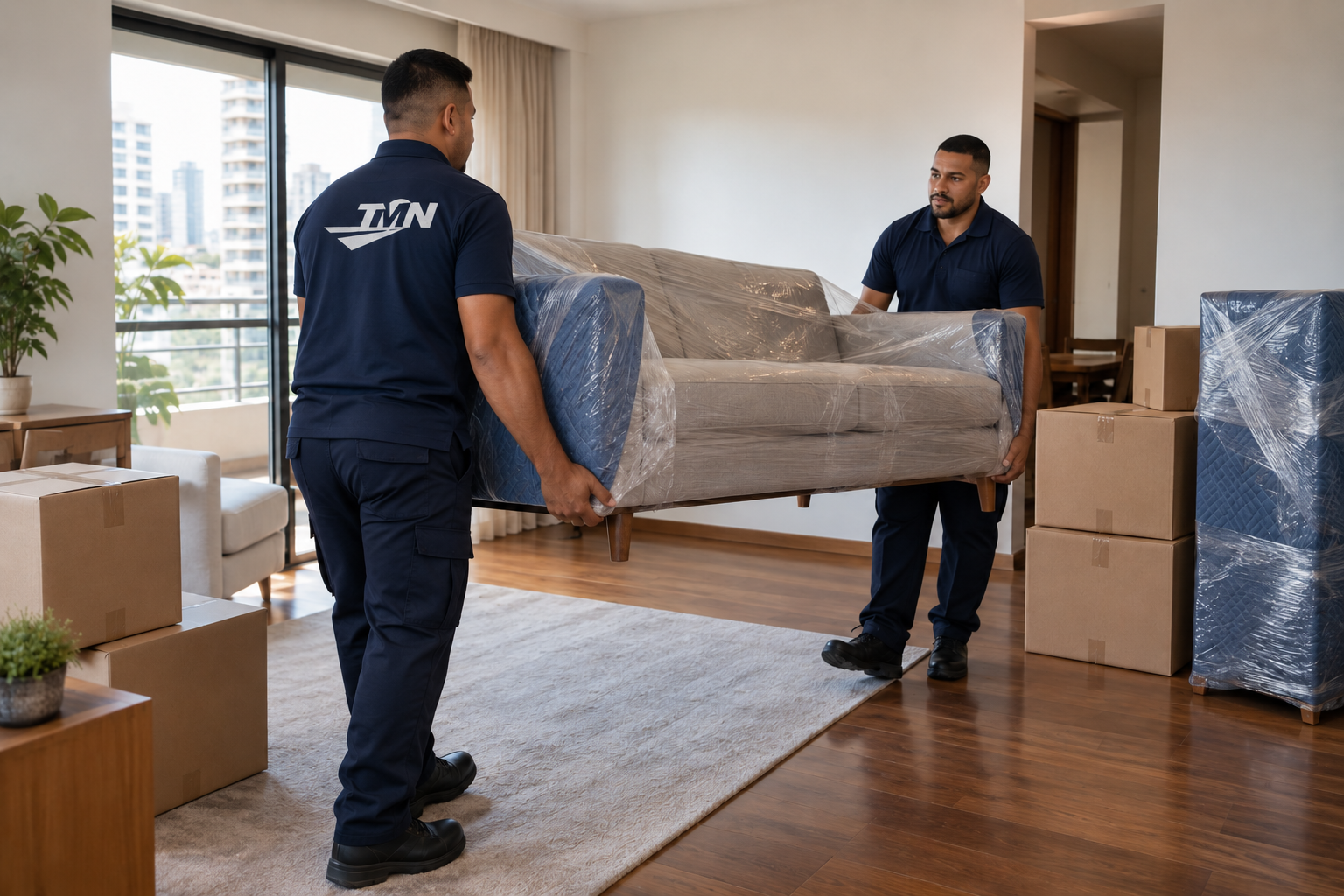 Equipe profissional organizando uma mudança residencial